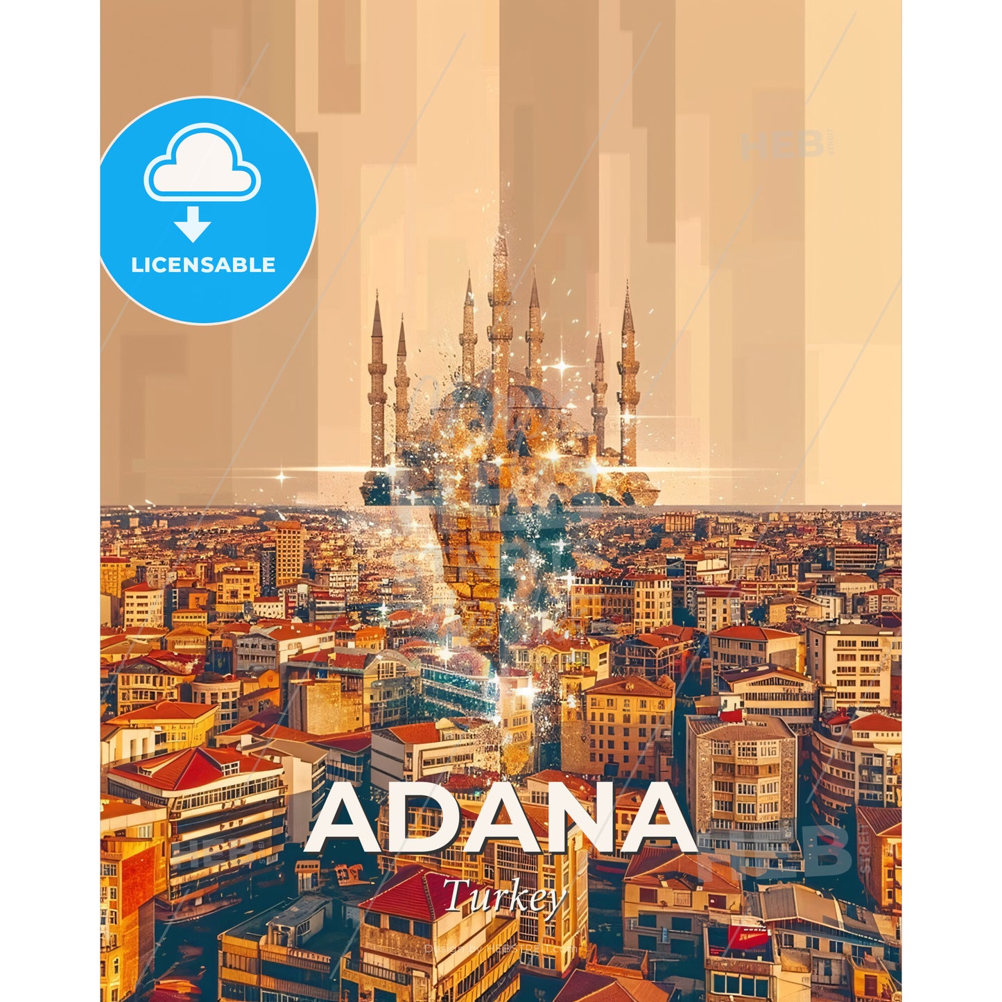 Adana Cityscape Art Deco Poster - A city with a tower - Square format print template