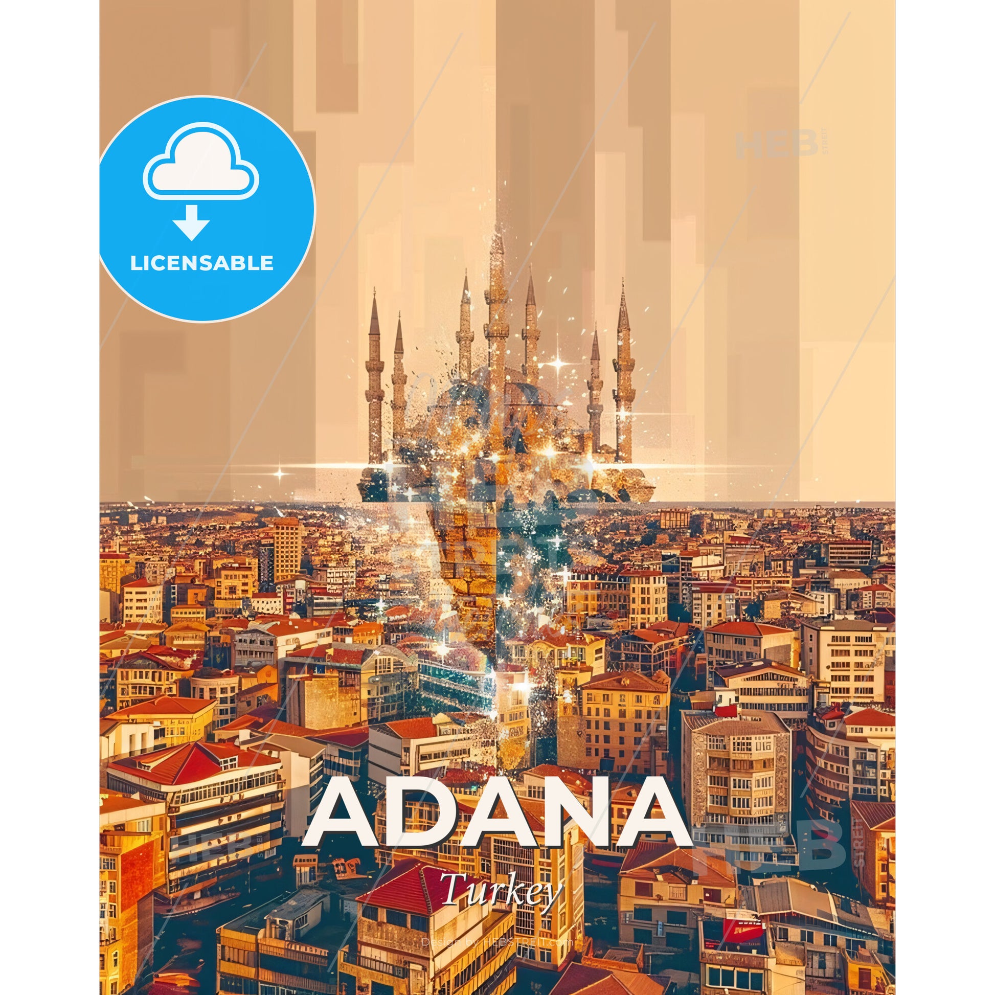 Adana Cityscape Art Deco Poster - A city with a tower - Square format print template