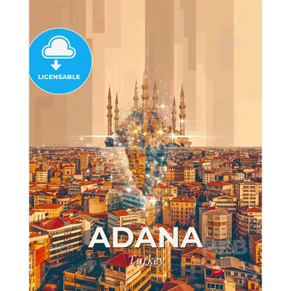 Adana Cityscape Art Deco Poster - A city with a tower - Square format print template