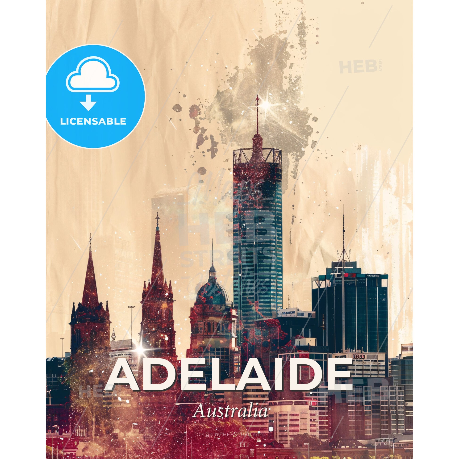 Adelaide Double Exposure Skyline Art Poster - A city skyline with tall buildings - Square format print template