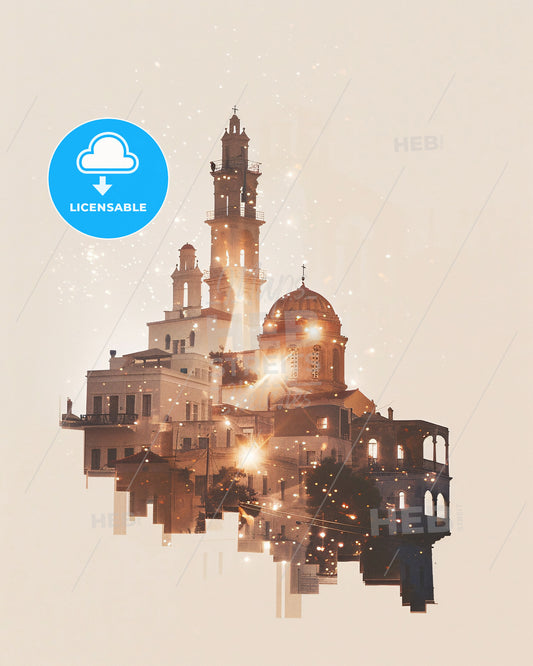 Aegina Greece Dreamy Cityscape - A city with a tower and a building