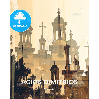 Agios Dimitrios City Skyline Double Exposure Poster Art - A reflection of a building with crosses on top - Square format print template