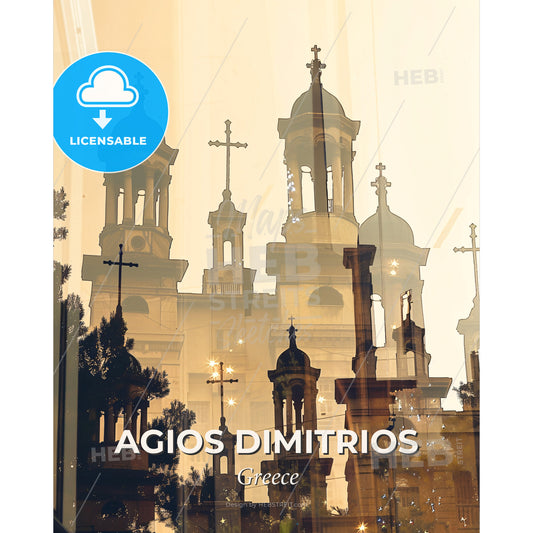 Agios Dimitrios City Skyline Double Exposure Poster Art - A reflection of a building with crosses on top - Square format print template