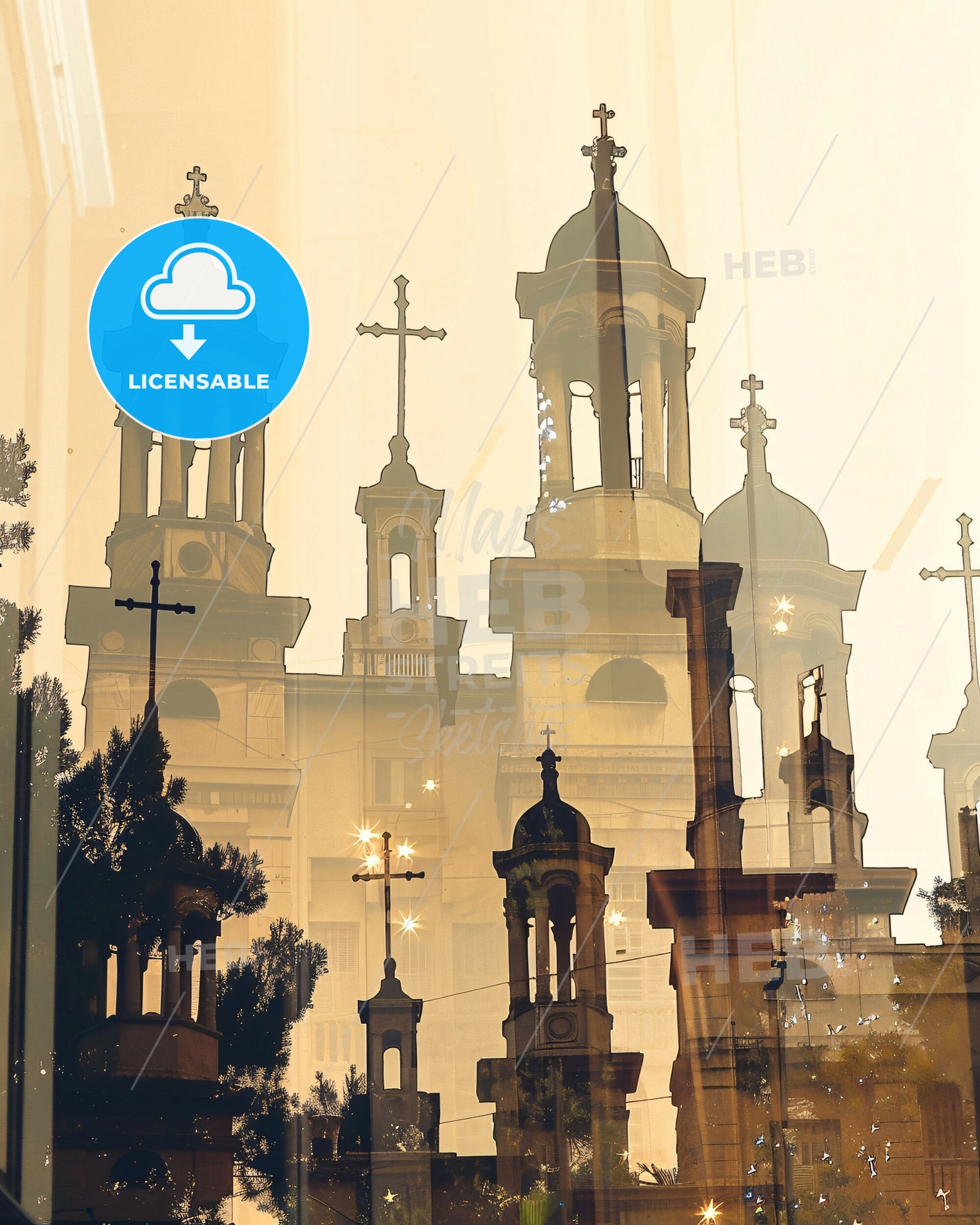 Agios Dimitrios City Skyline Double Exposure Poster Art - A reflection of a building with crosses on top