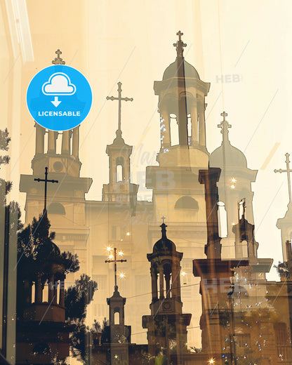 Agios Dimitrios City Skyline Double Exposure Poster Art - A reflection of a building with crosses on top