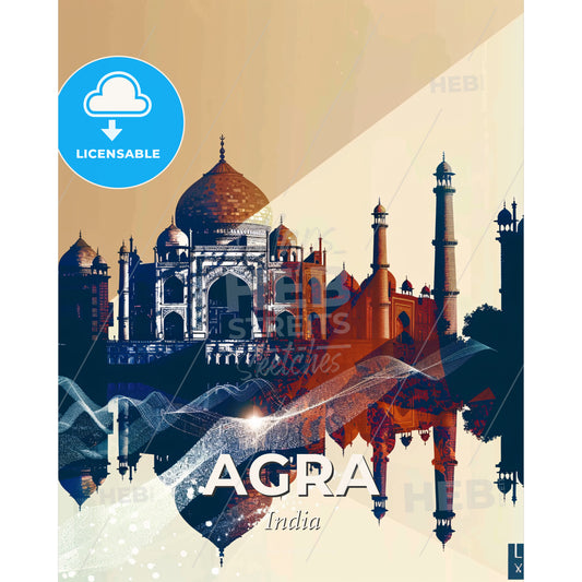 Agra: City of Architecture in Double Exposure - A building with towers and a reflection - Square format print template