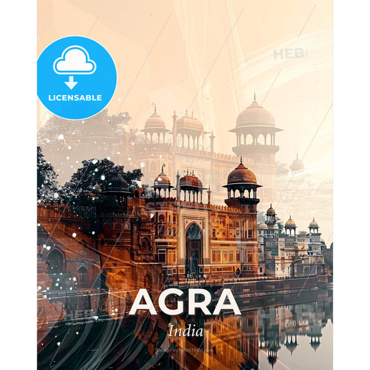 Agra City Skyline Double Exposure Art - A city with a river and trees - Square format print template