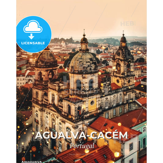Agualva-Cacem Skyline Double Exposure Art Poster - A large building with red roofs - Square format print template