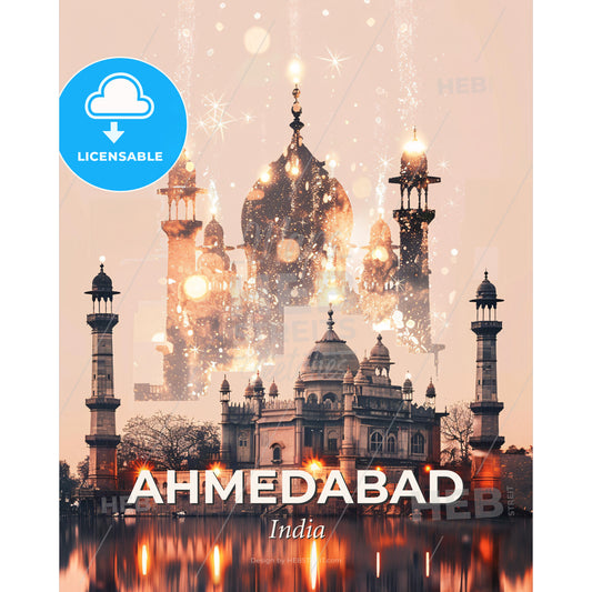 Ahmedabad: Double Exposure Art Skyline Cityscape - A building with towers and towers - Square format print template