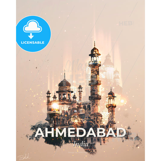Ahmedabad Skyline Double Exposure Composite Art - A castle with towers and towers and a tree - Square format print template