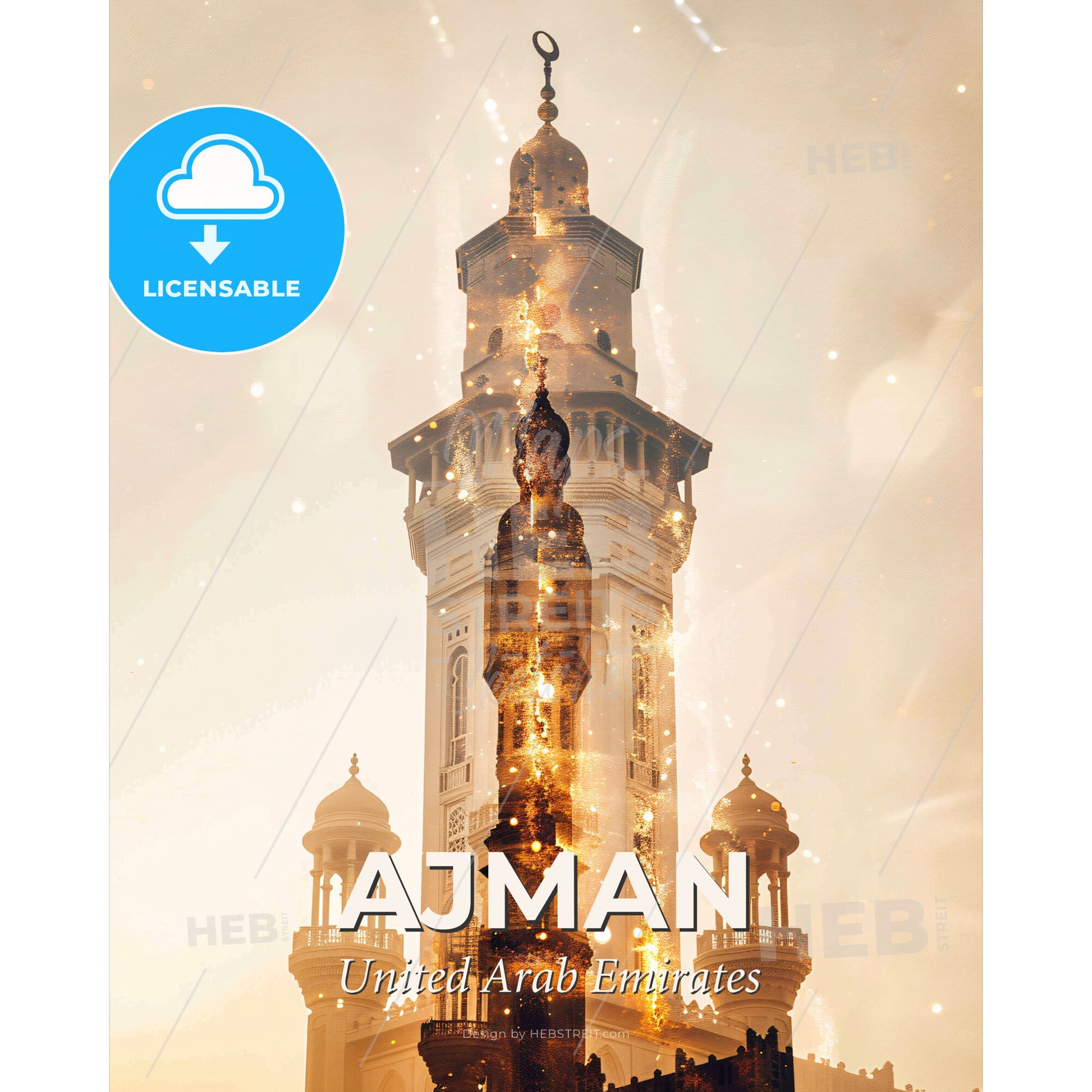 Ajman Skyline Mosaic: Architectural Canvas - A tall tower with gold and white lights - Square format print template