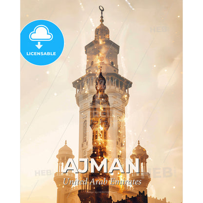 Ajman Skyline Mosaic: Architectural Canvas - A tall tower with gold and white lights - Square format print template