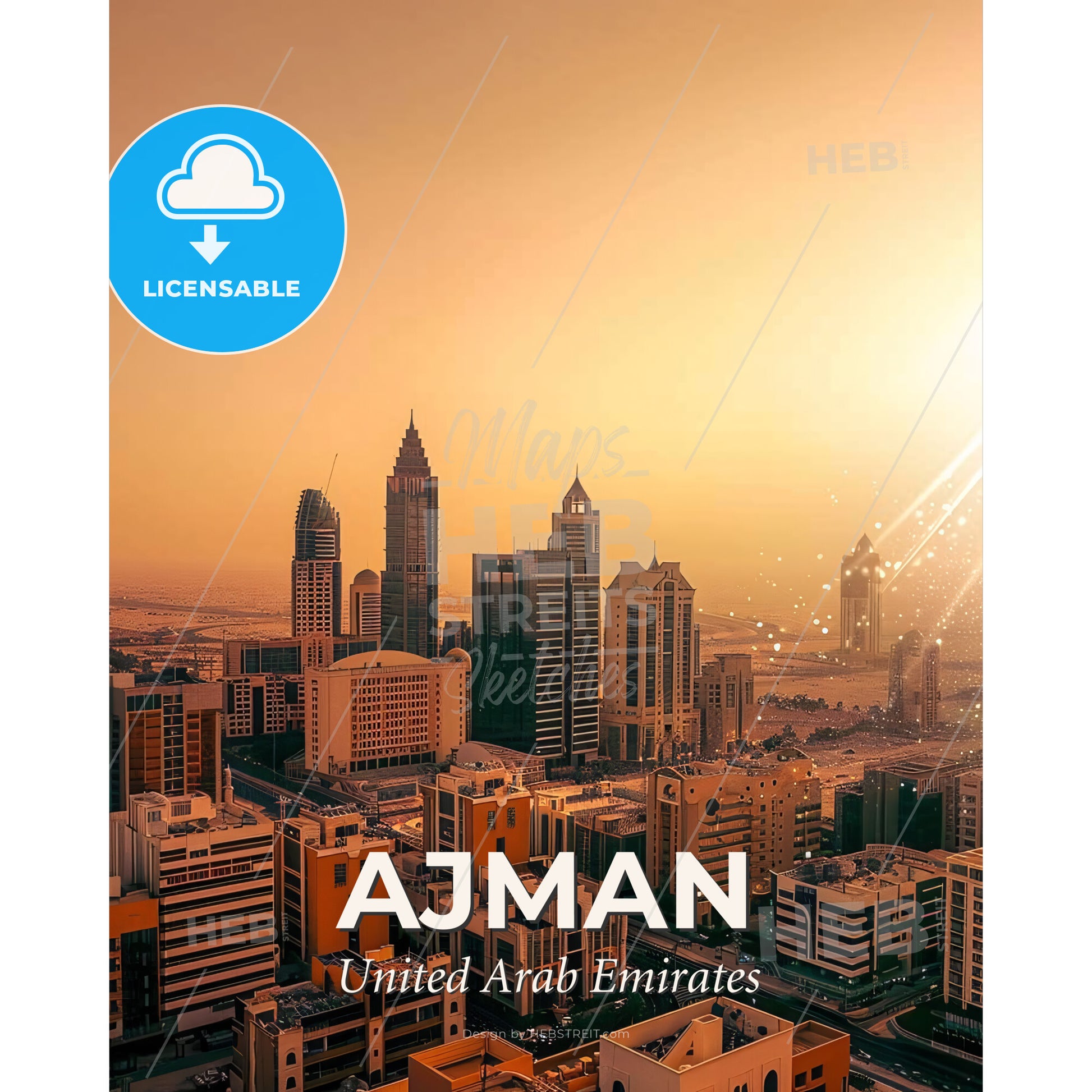 Ajman City Skyline Poster: Vibrant Local Beauty - A city with many tall buildings - Square format print template