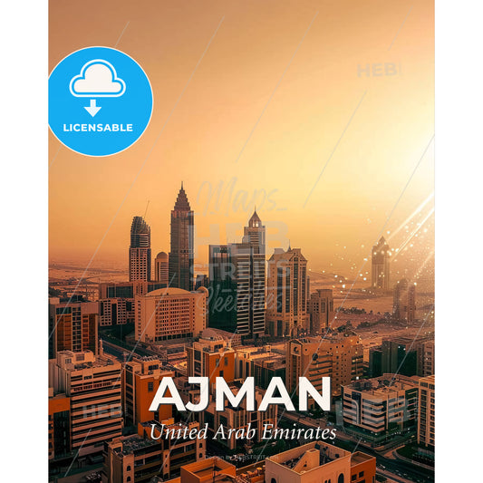Ajman City Skyline Poster: Vibrant Local Beauty - A city with many tall buildings - Square format print template