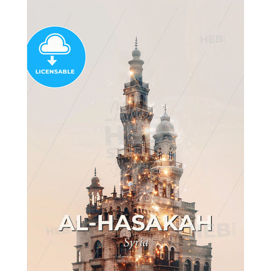 Al-Hasakah Skyline Art: Double Exposure Local Icons - A building with a tower and many windows - Square format print template