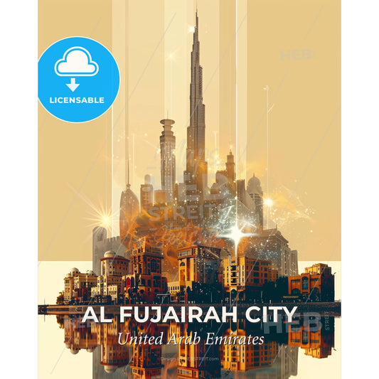 Al Fujairah City Skyline Double Exposure Poster - A city with a fire in the background - Square format print template