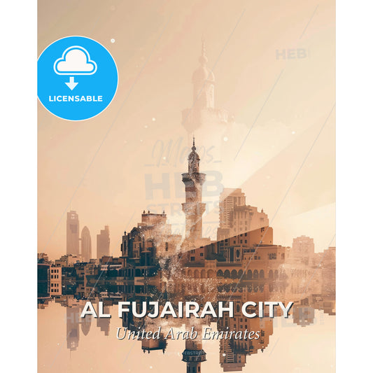 Al Fujairah City: City Skyline Double Exposure Art Print - A city with a tall tower and a reflection of water - Square format print template