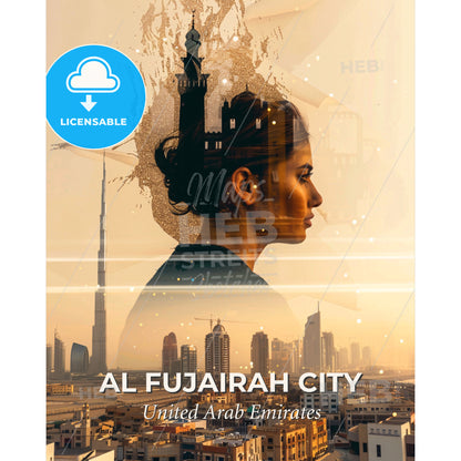 Al Fujairah City Skyline Minarets Double Exposure Dream - A woman's profile with a city behind her - Square format print template