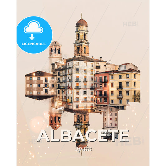 Albacete: Double Exposure City Memories - A building with a tower and a tower - Square format print template