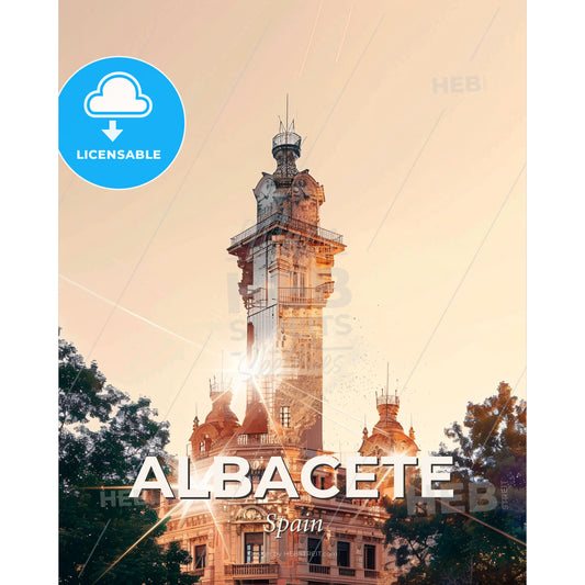 Albacete Skyline Architecture Poster Art - A tall tower with trees around it - Square format print template