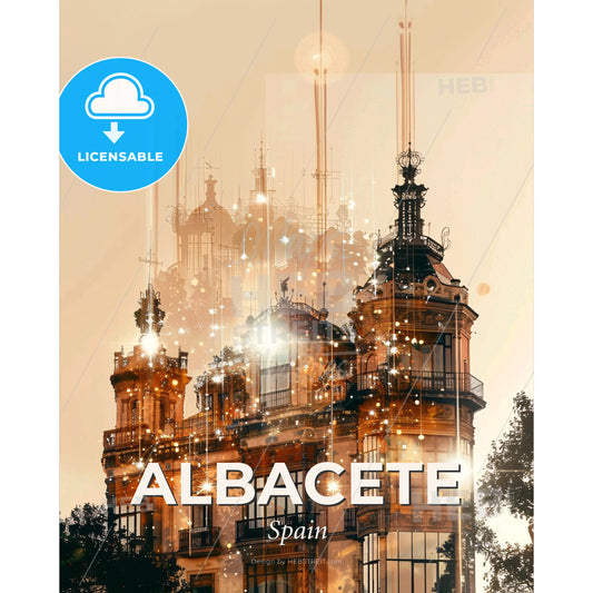 Albacete Skyline Double Exposure Composite Art - A building with many windows - Square format print template