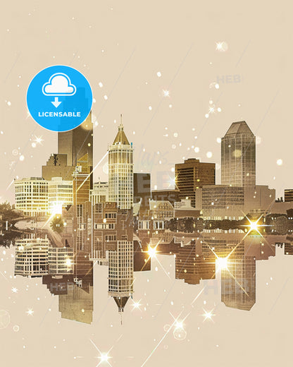 Albuquerque Cityscape Art Deco Skyline Poster - A city skyline with lights reflecting in water