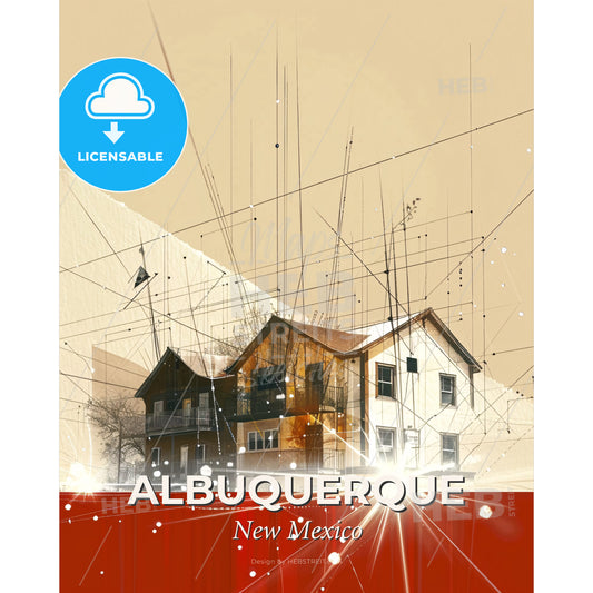 Albuquerque Skyline: Double Exposure City Icons - A house with snow and lights - Square format print template