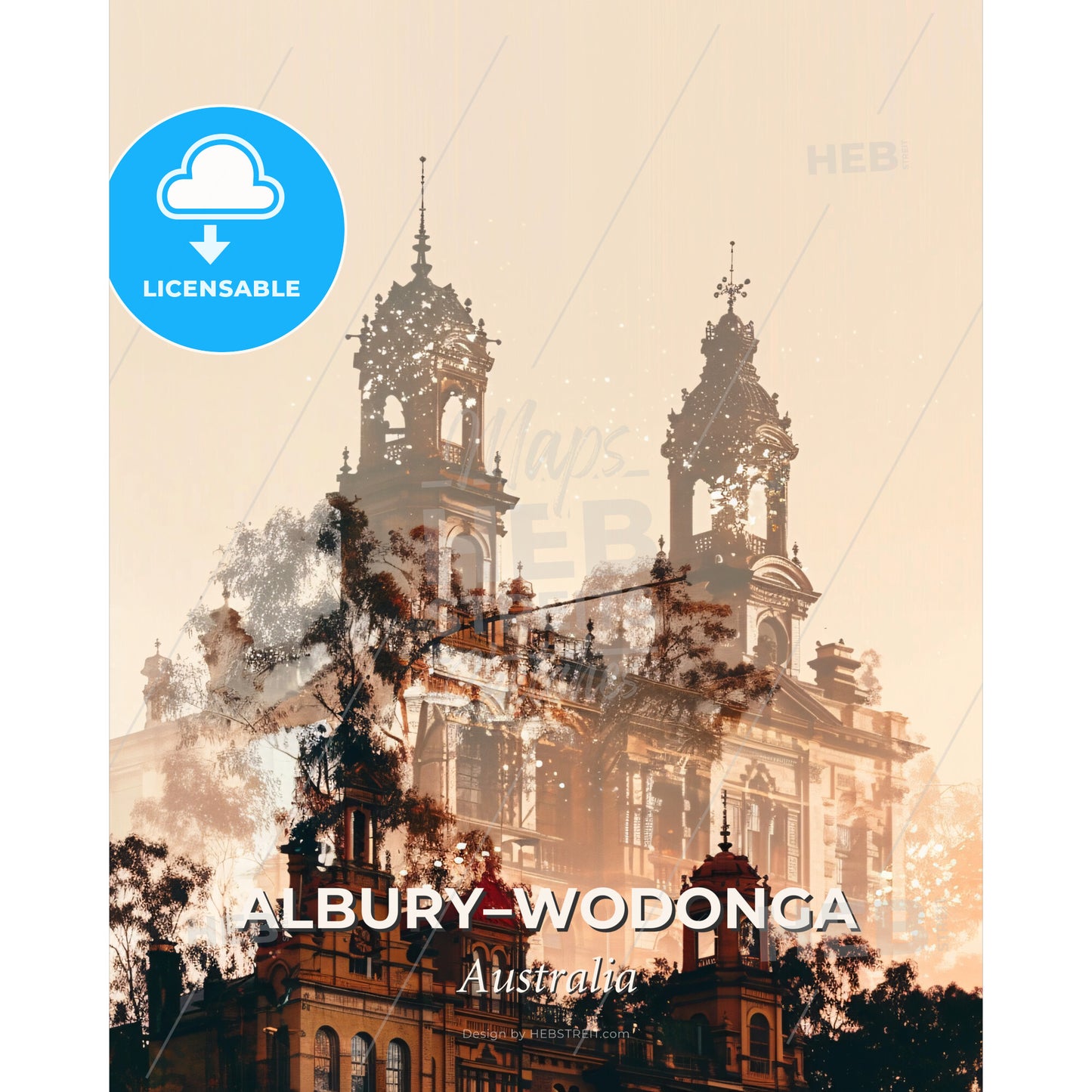 Albury-Wodonga Skyline Cityscape Poster Art - A building with towers and trees - Square format print template