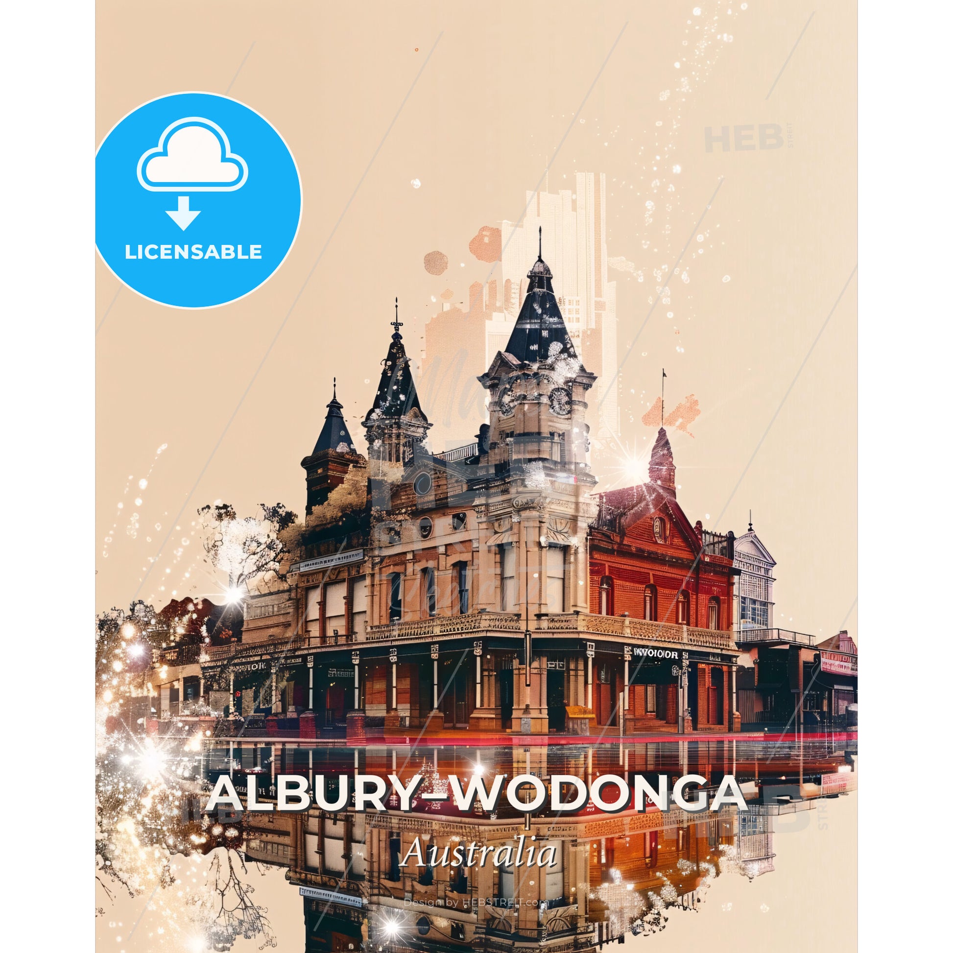 Albury-Wodonga Skyline Cityscape Double Exposure Poster - A building with a tower and a reflection of a city - Square format print template