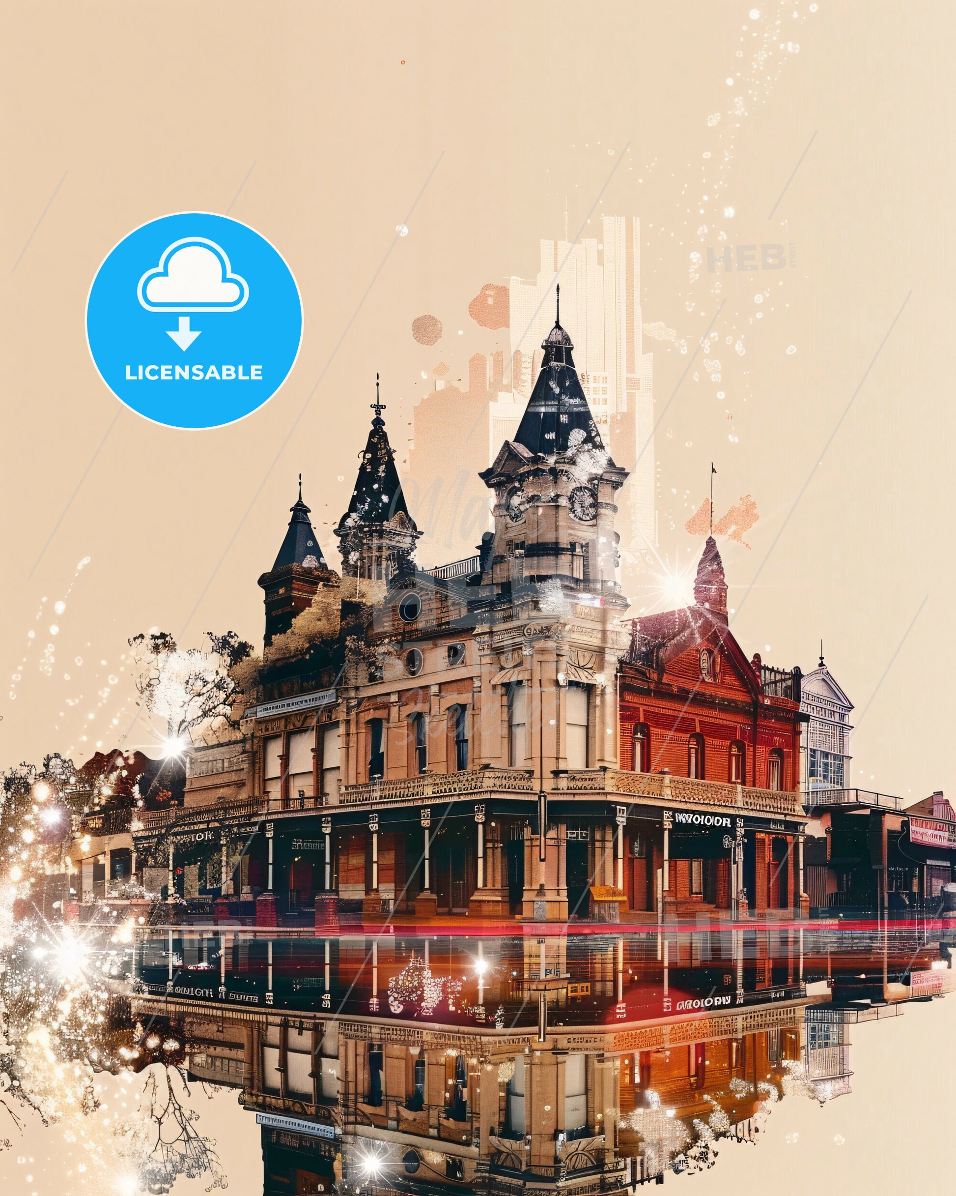 Albury-Wodonga Skyline Cityscape Double Exposure Poster - A building with a tower and a reflection of a city