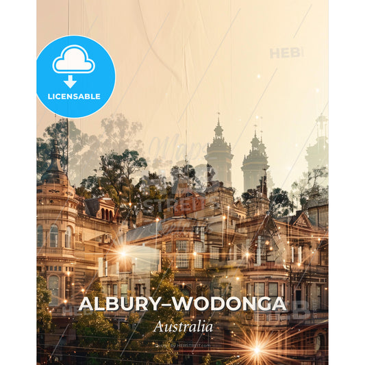 Albury Wodonga Double Exposure Art Skyline - A row of houses with trees and lights - Square format print template