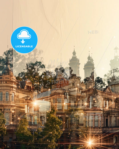 Albury Wodonga Double Exposure Art Skyline - A row of houses with trees and lights