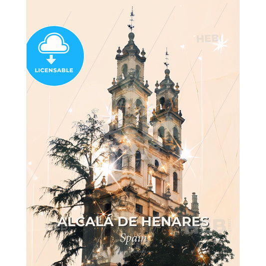 Alcalá de Henares Skyline Panoramic Art Poster - A building with a tree and stars - Square format print template