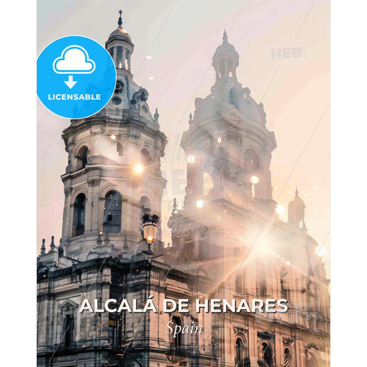 Alcalá de Henares: Skyline Sparkles on Beige - A large building with towers and lights - Square format print template