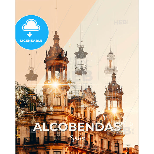 Alcobendas City Skyline Cheerful Beige Canvas - A building with towers and lights - Square format print template