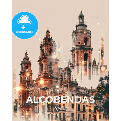 Alcobendas City Skyline Poster Design - A building with towers and a tree - Square format print template