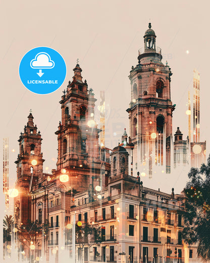 Alcobendas City Skyline Poster Design - A building with towers and a tree