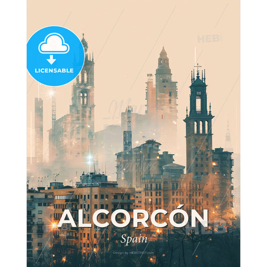 Alcorcon Skyline Local Icons Composite Art - A city with many tall buildings - Square format print template