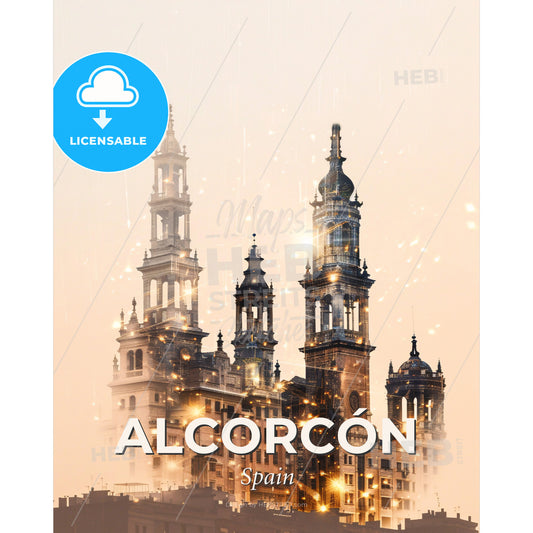 Alcorcon Skyline Art - Beige and Sparkling - A large building with many towers - Square format print template