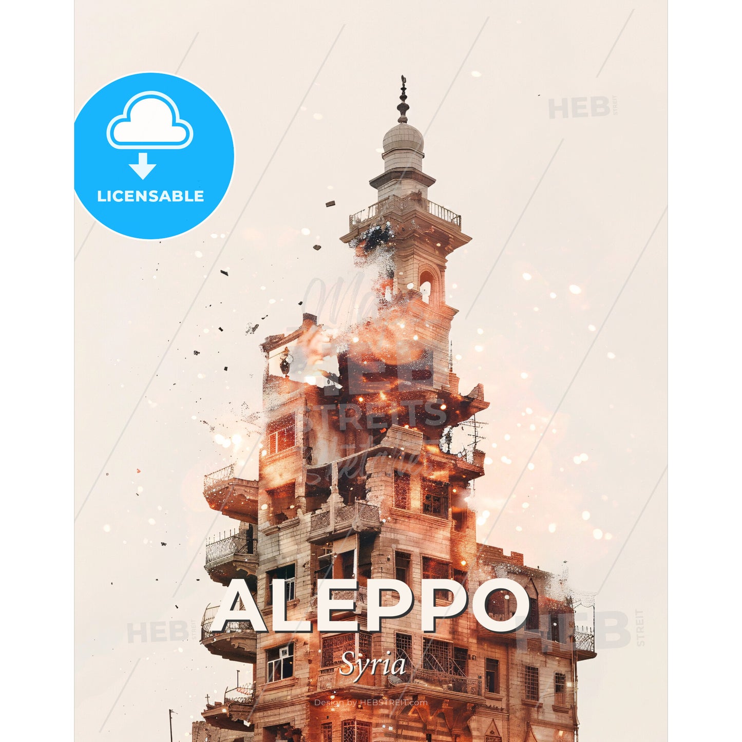 Aleppo City Skyline Double Exposure Art - A building with a tower on fire - Square format print template