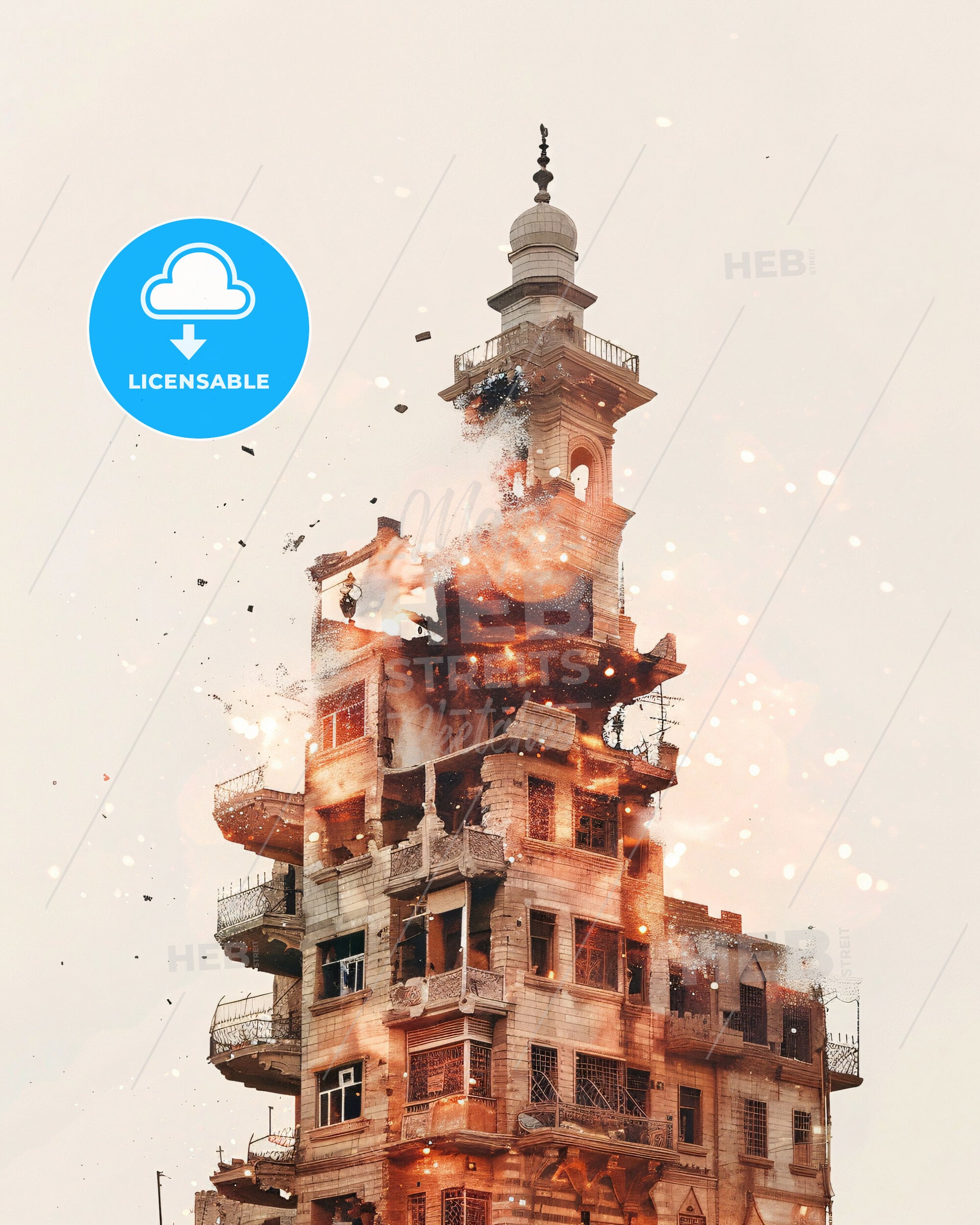Aleppo City Skyline Double Exposure Art - A building with a tower on fire