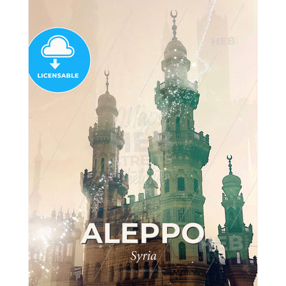 Aleppo Skyline Double Exposure Art Print - A castle with towers and towers - Square format print template