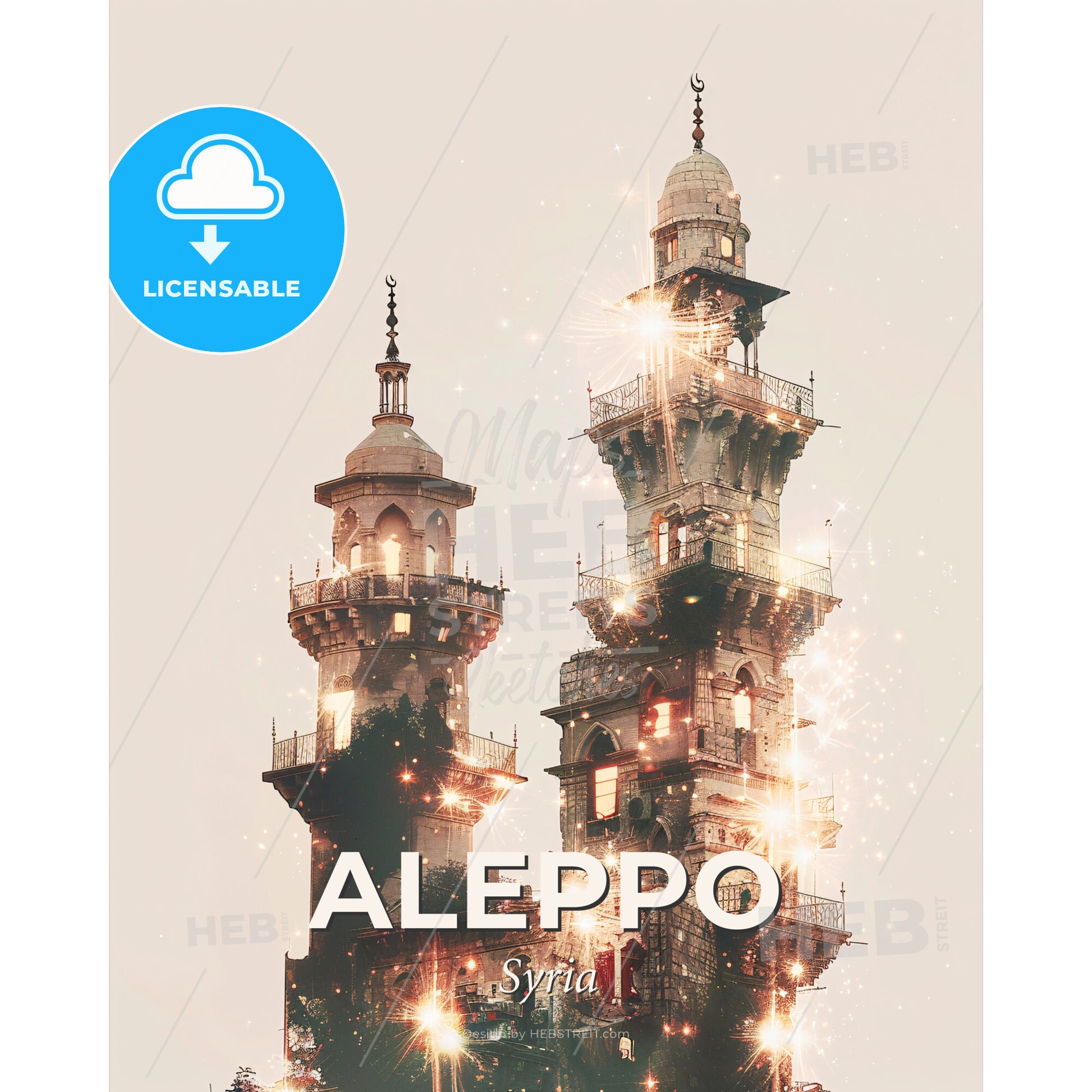 Aleppo Skyline Night Composite Modern Art Print - A tall building with a tower and a balcony - Square format print template