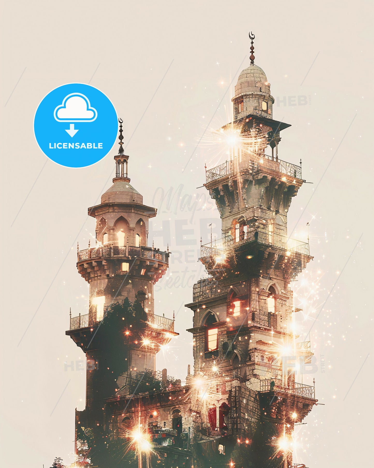 Aleppo Skyline Night Composite Modern Art Print - A tall building with a tower and a balcony