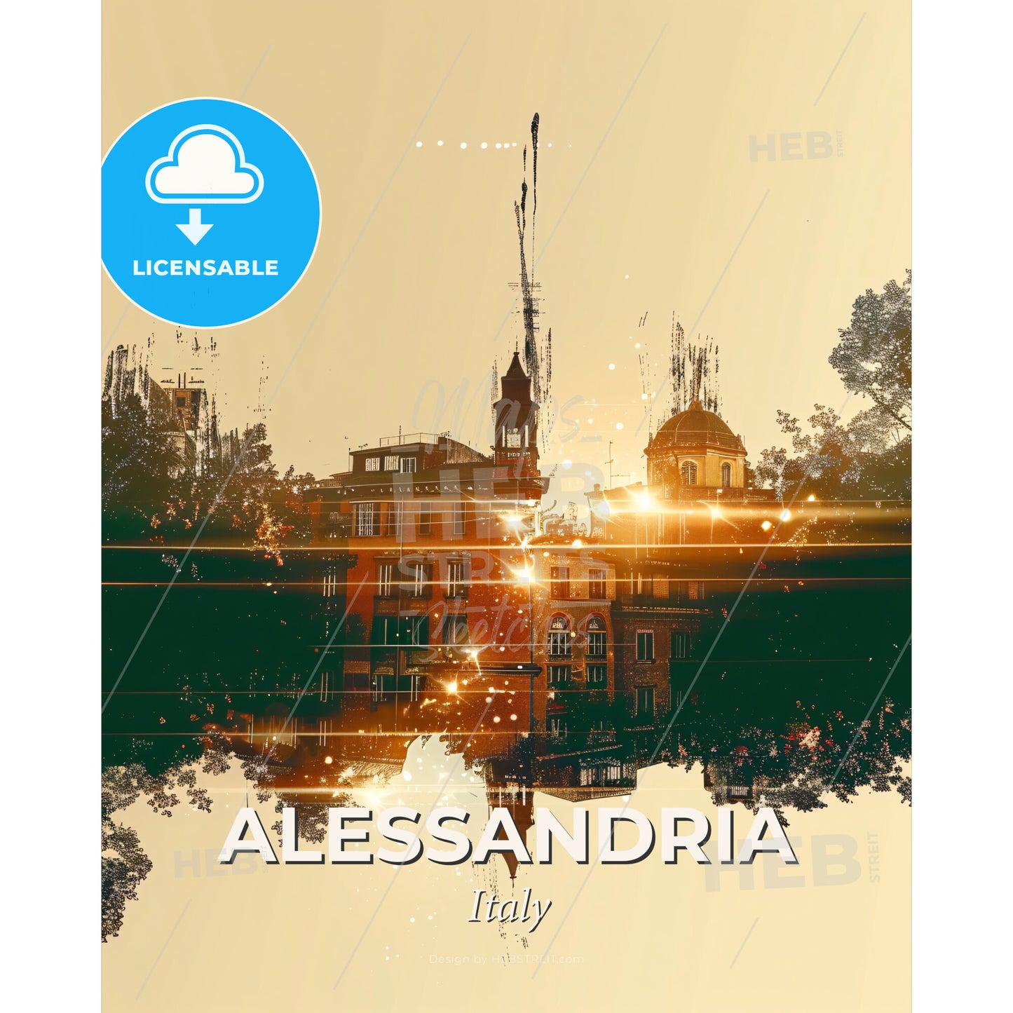 Alessandria City Skyline Art Poster - A reflection of a building in water - Square format print template