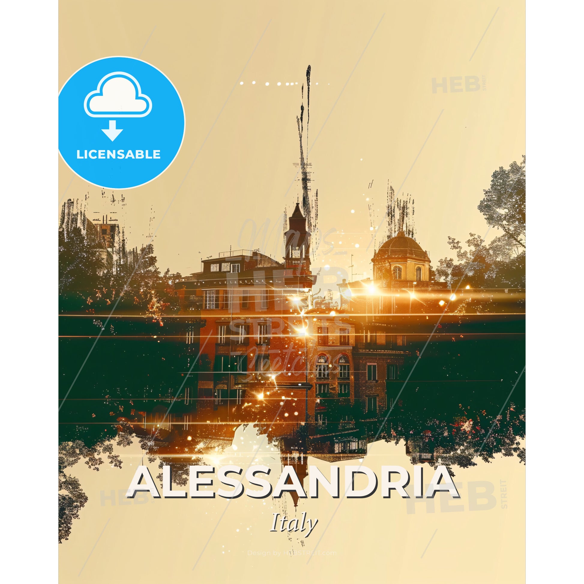 Alessandria City Skyline Art Poster - A reflection of a building in water - Square format print template