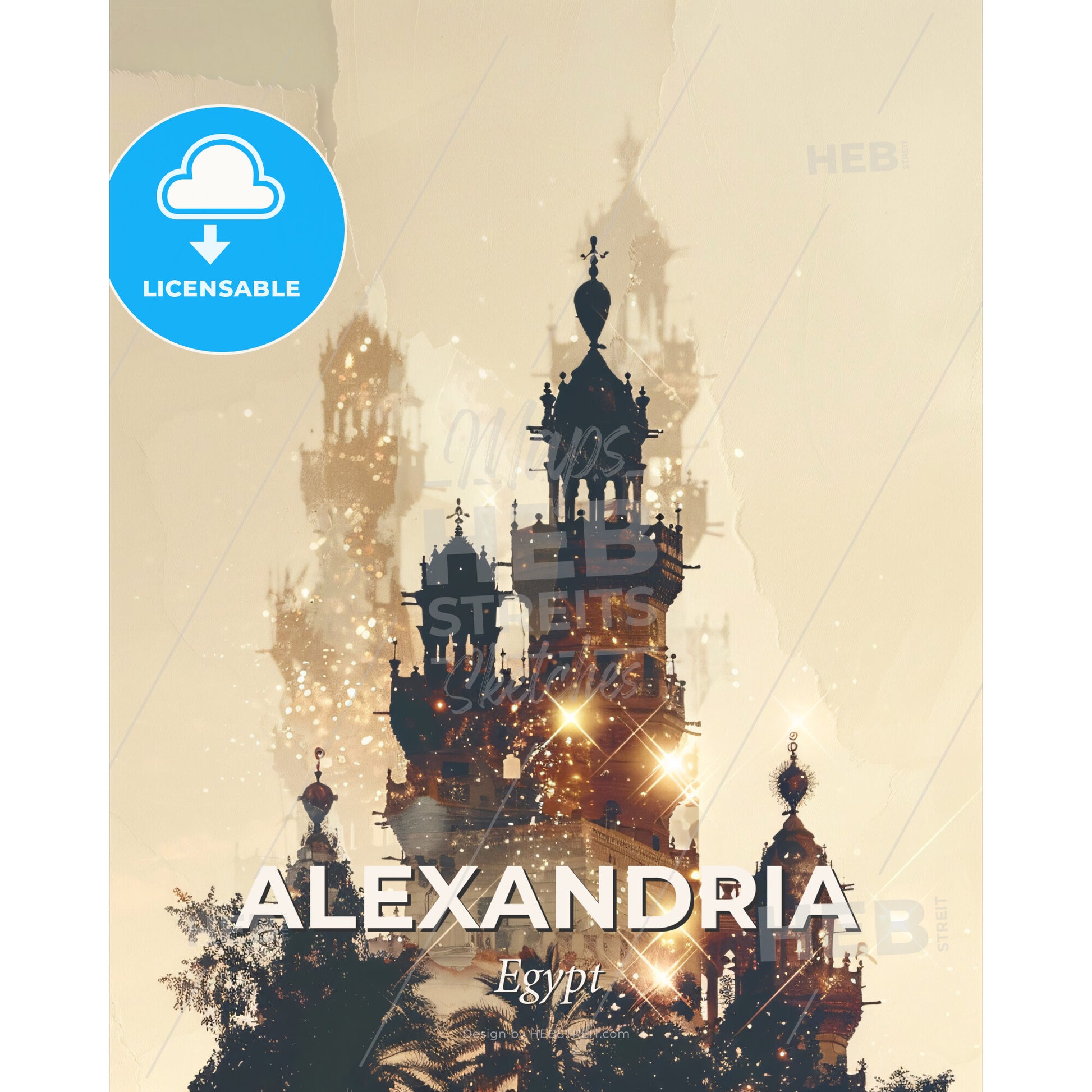 Alexandrian Skyline Double Exposure Art - A building with towers and towers - Square format print template