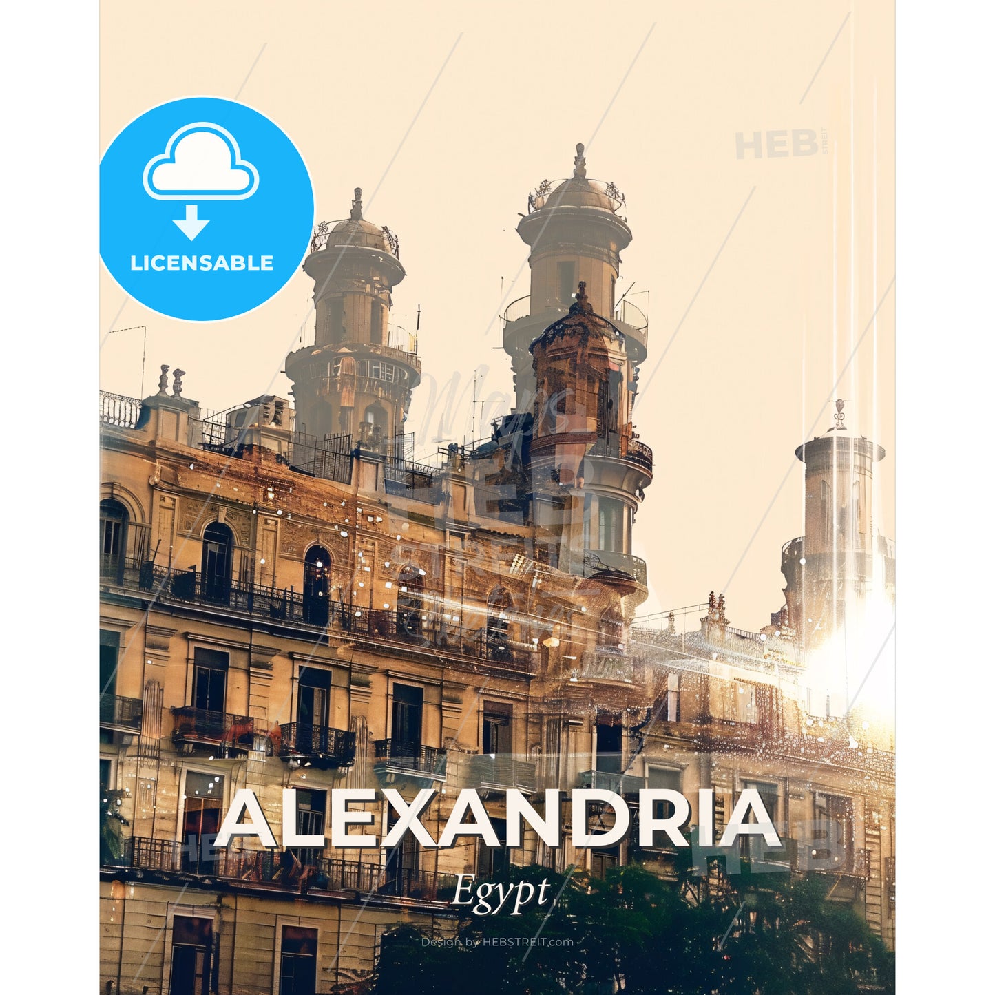 Alexandria Skyline Double Exposure Art - A building with towers and a sun shining through it - Square format print template