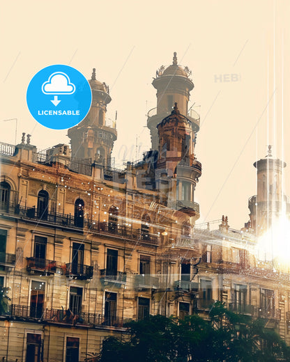 Alexandria Skyline Double Exposure Art - A building with towers and a sun shining through it