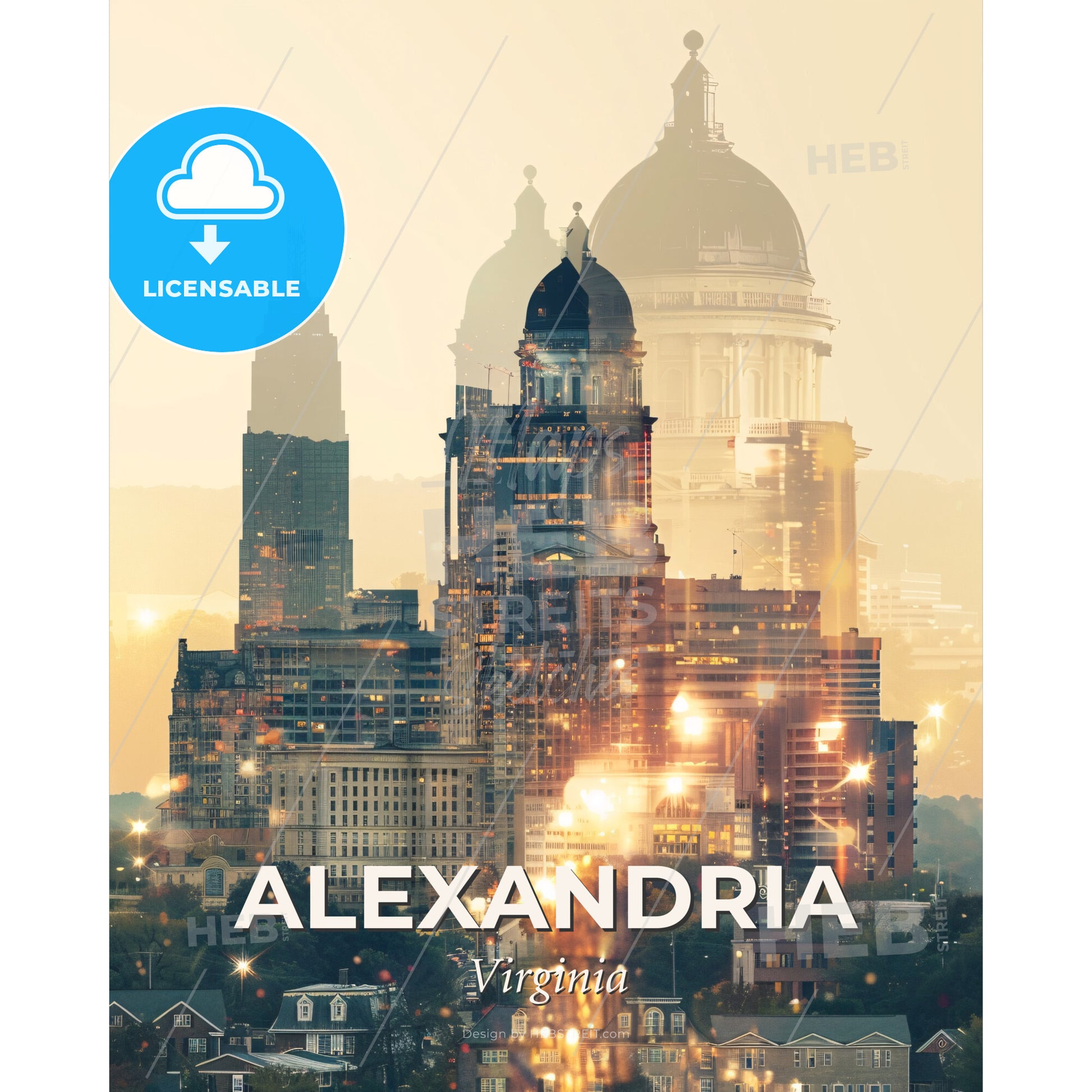 Alexandria City Sparkle Skyline Poster - A city skyline with a dome and a building - Square format print template